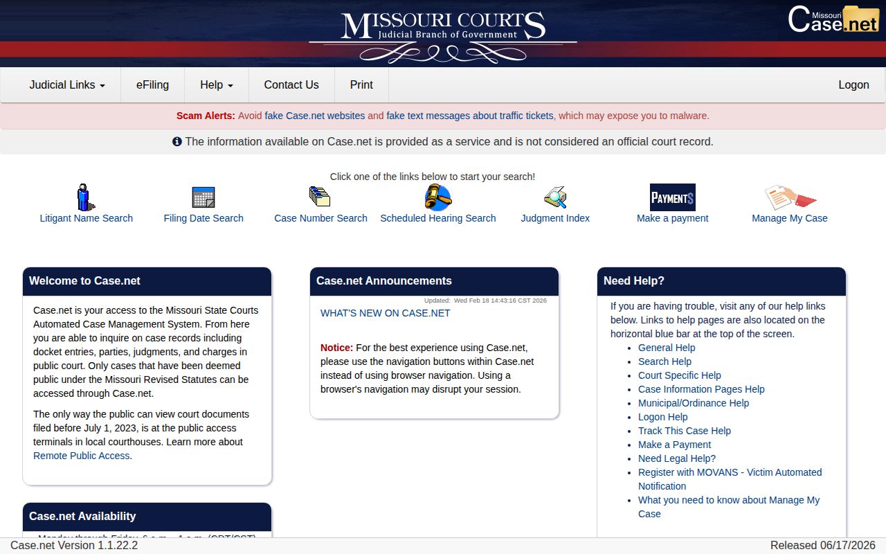 Hickory County release record lookup using Missouri Case.net
