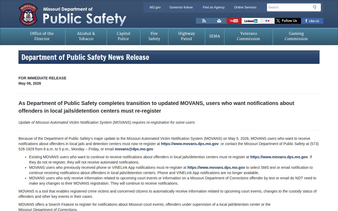 Hickory County VINELink inmate search May 2026 MOVANS migration notice