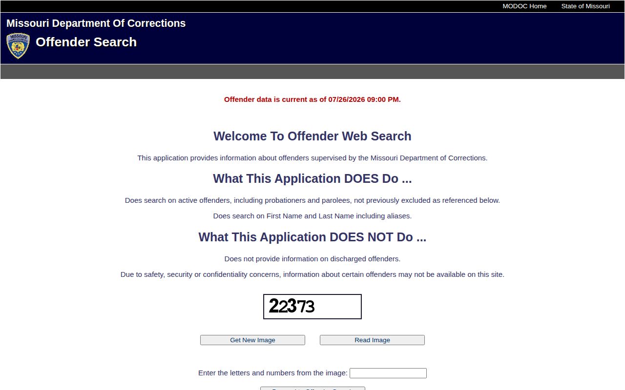 Hickory County released inmate search on the Missouri active offender form